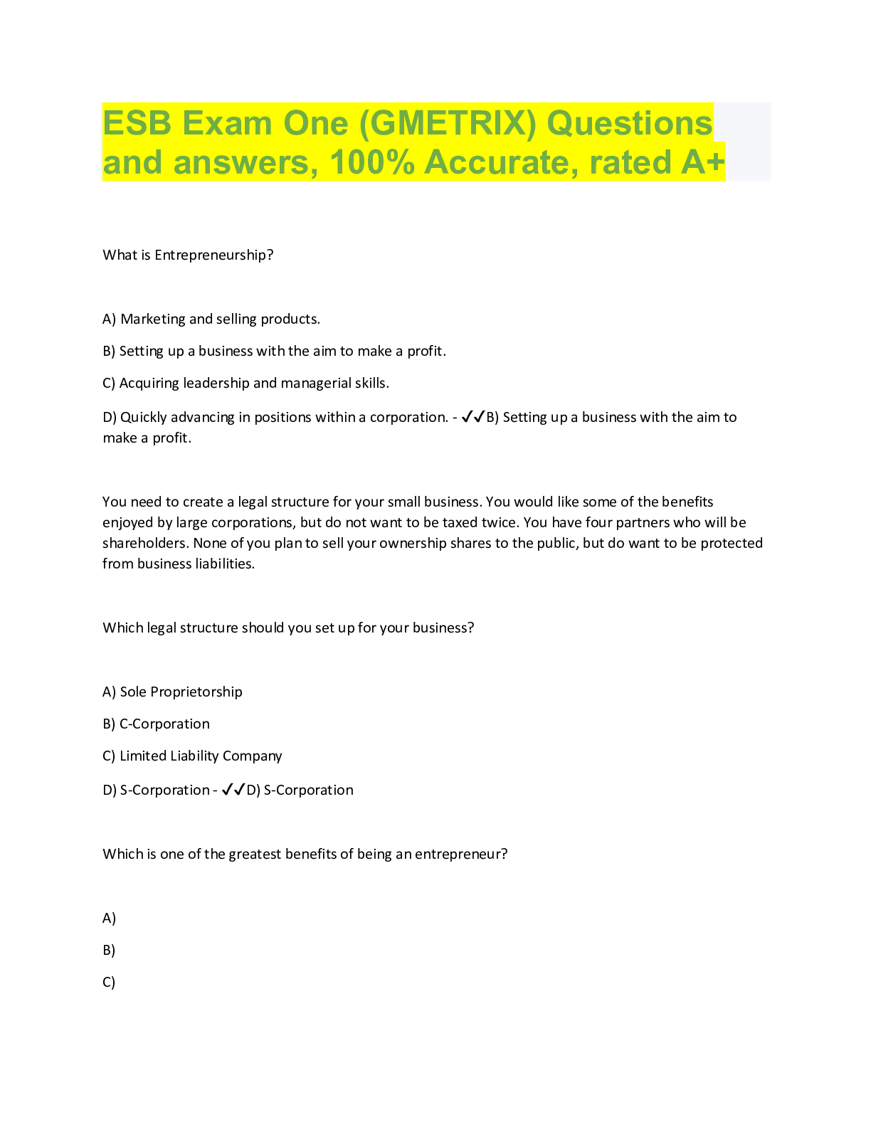 Preview image for ESB Exam One (GMETRIX) Questions  and answers, 100% Accurate, rated A+ What is Entrepreneurship?